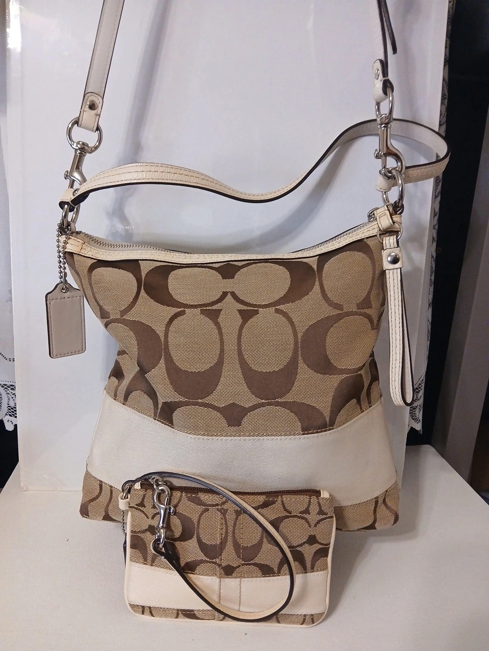 Coach Beige and Cream Signature Canvas Shoulder Bag with Wristlet